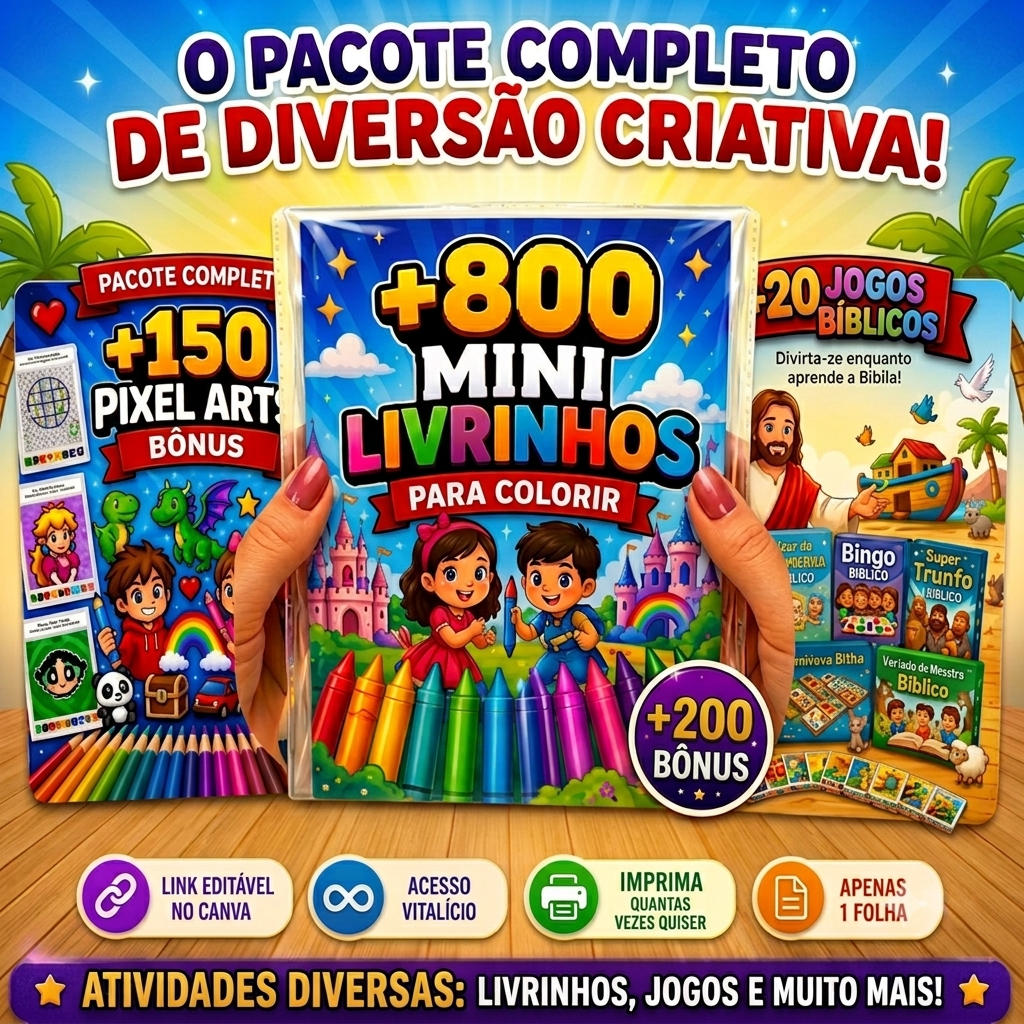 Pacote Completo: +800 Mini Livrinhos, Pixel Arts e Jogos Bíblicos de bônus